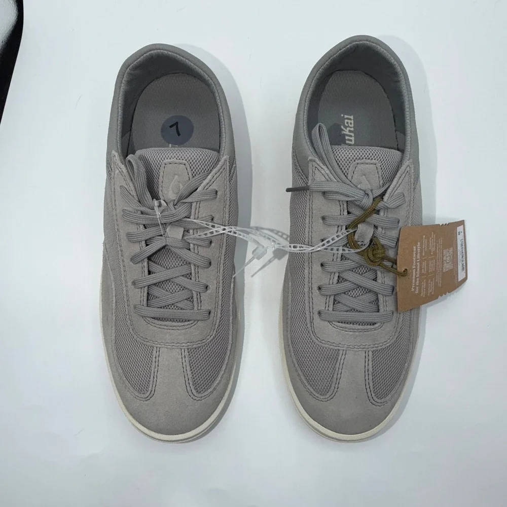 OluKai Punini Men's 7 Mesh Suede Sneakers Ash Grey Drop In Heel Slide In Comfort